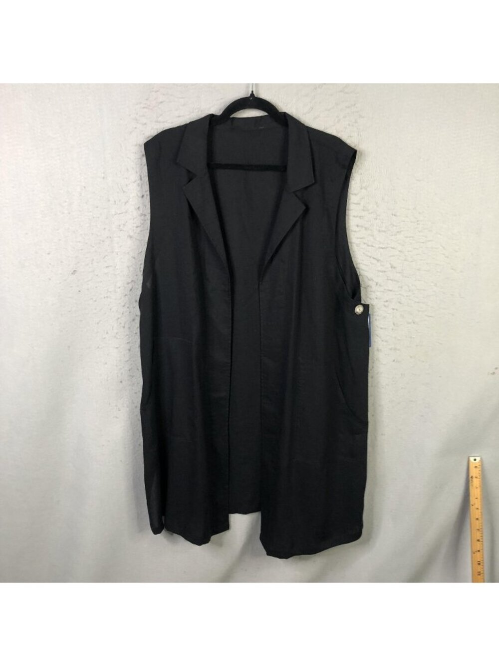Fridaze Vest Womens 1X Black Linen Long Open Front Pockets Wrinkle Resistant